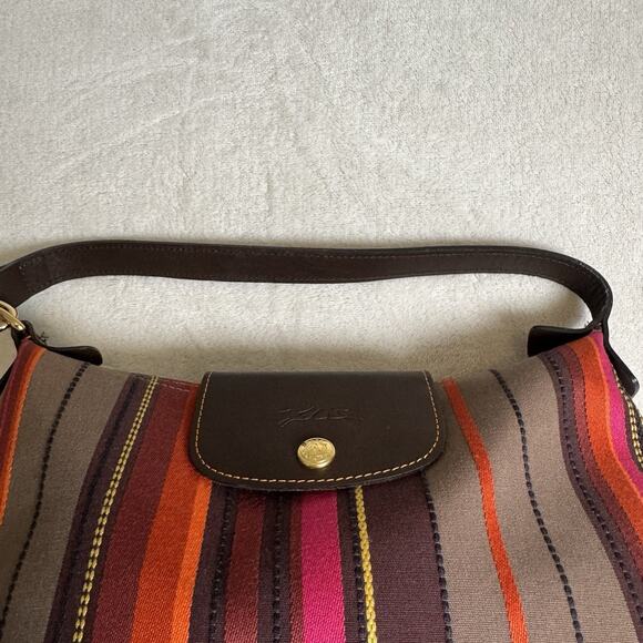 Longchamp Women’s Shoulder Bag Canvas Brown Gold Striped Tote Purse France Rare - Picture 11 of 12